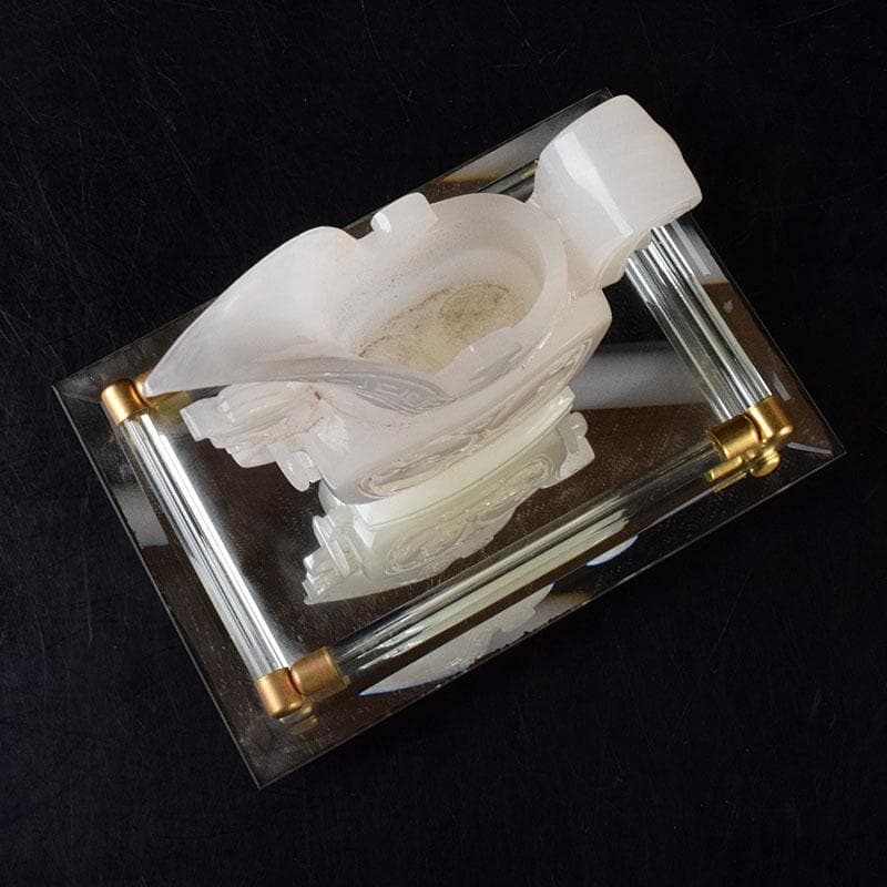 中国　玉石白玉彫刻　林權作　白玉樽　証明書・鏡面台付　V　R8720