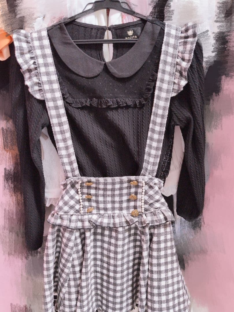 LIZLISA ギンガムツイードサスペンダー付きスカパン ROJITA ニット