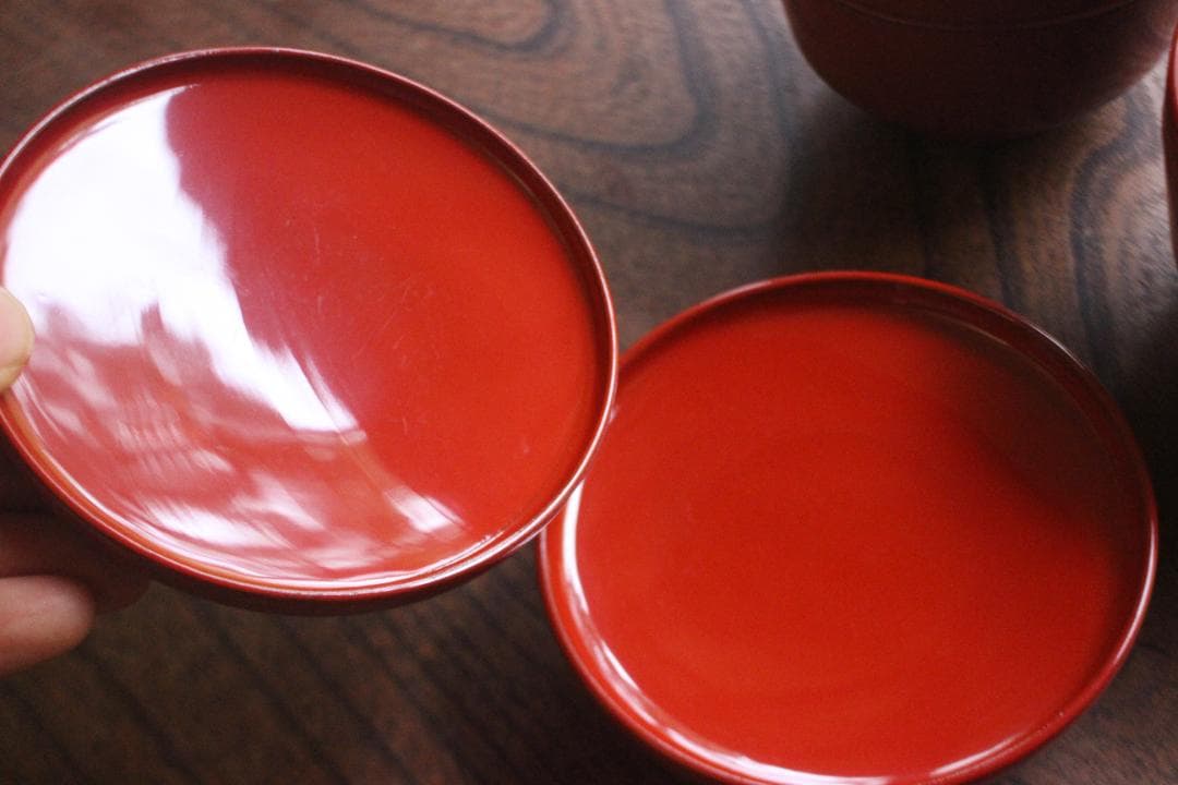 デッドストック！時代朱漆の美しい平椀＆壺椀セット（検輪島塗懐石椀茶道具