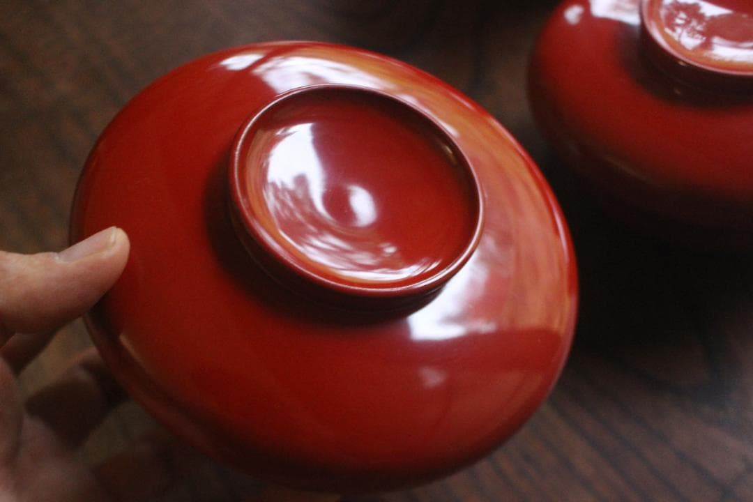 デッドストック！時代朱漆の美しい平椀＆壺椀セット（検輪島塗懐石椀茶道具