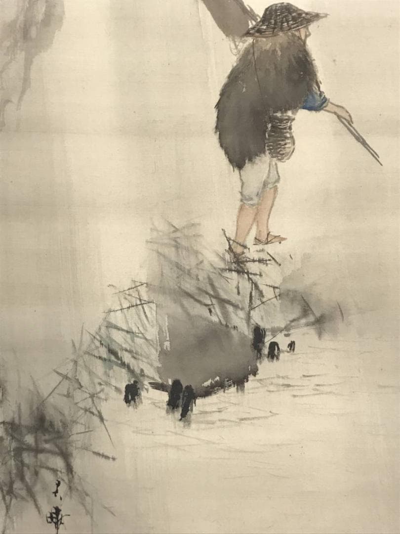 【真作】三宅呉暁/雨中釣人図/釣人図/人物図/掛軸/名家伝来/AC-478