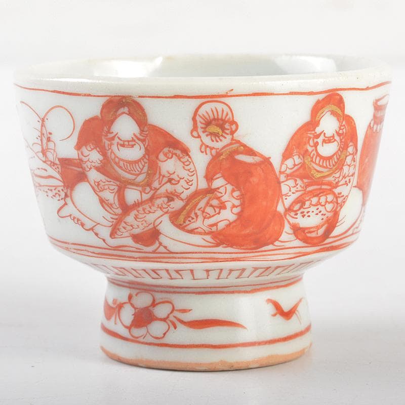 湖東焼　赤絵　人物文　猪口　盃　時代箱付　V　R5213