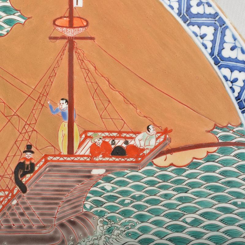 伊万里焼　古伊万里　色絵　南蛮船文　大皿　飾皿　直径約61cm　D　R5361B