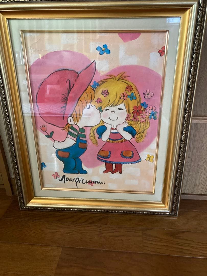 人物画　油絵　水森亜土　F額付き　手描き　肉筆