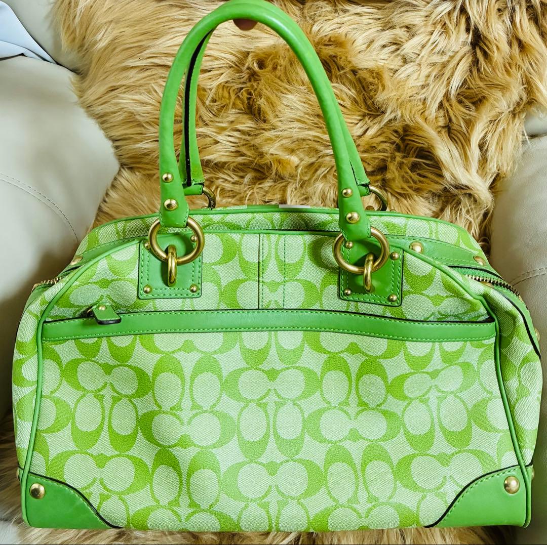 Coach ライトグリーン　ストライプ ハンドバッグ
