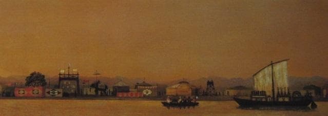 山本明比古、【ガンジス風景（音舟のいく岸辺）】、希少な額装用画集画