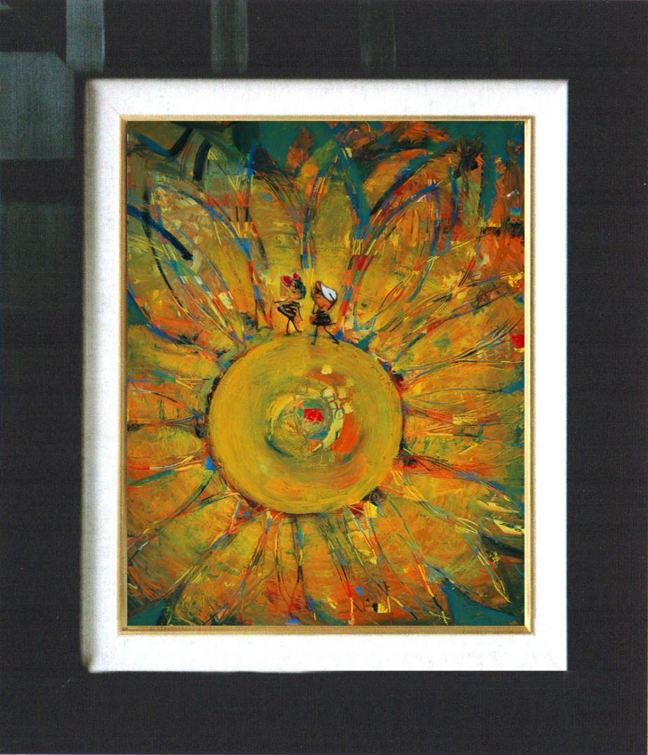 油絵 菅家令子 絵 絵画インテリア額付(黒) F4-051120 女の子ひまわり