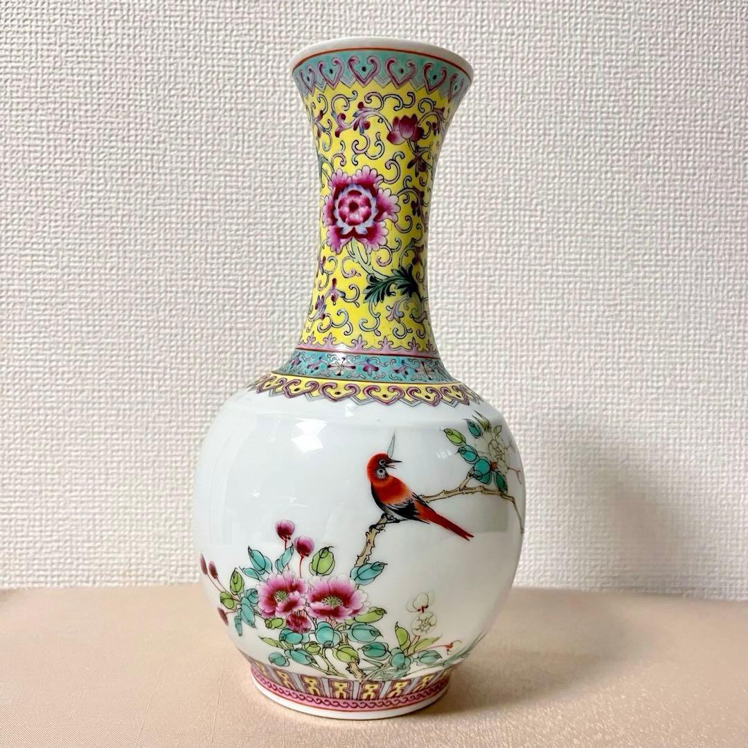 ★アンティーク　乾隆年製 花鳥文中国花器　詩文款　唐物　花瓶　花器　壺
