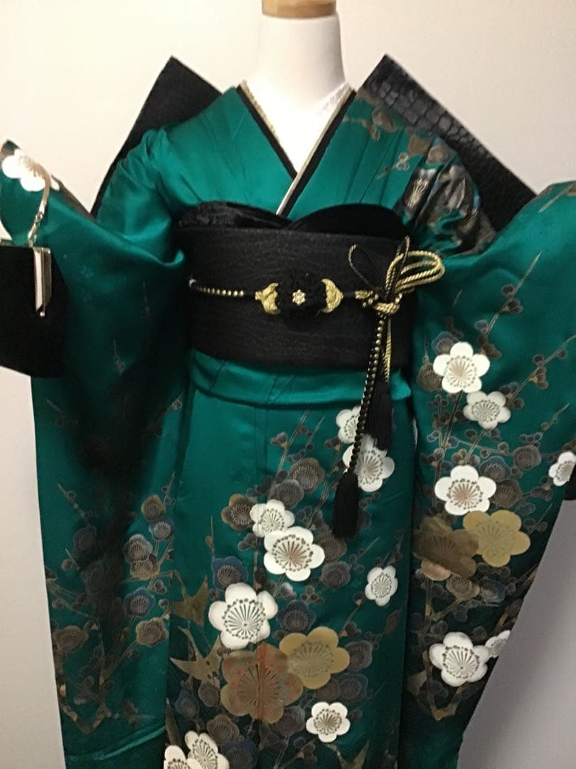 振袖フルセット　豪華　正絹　緑　金銀彩　梅　振袖6点セット　成人式