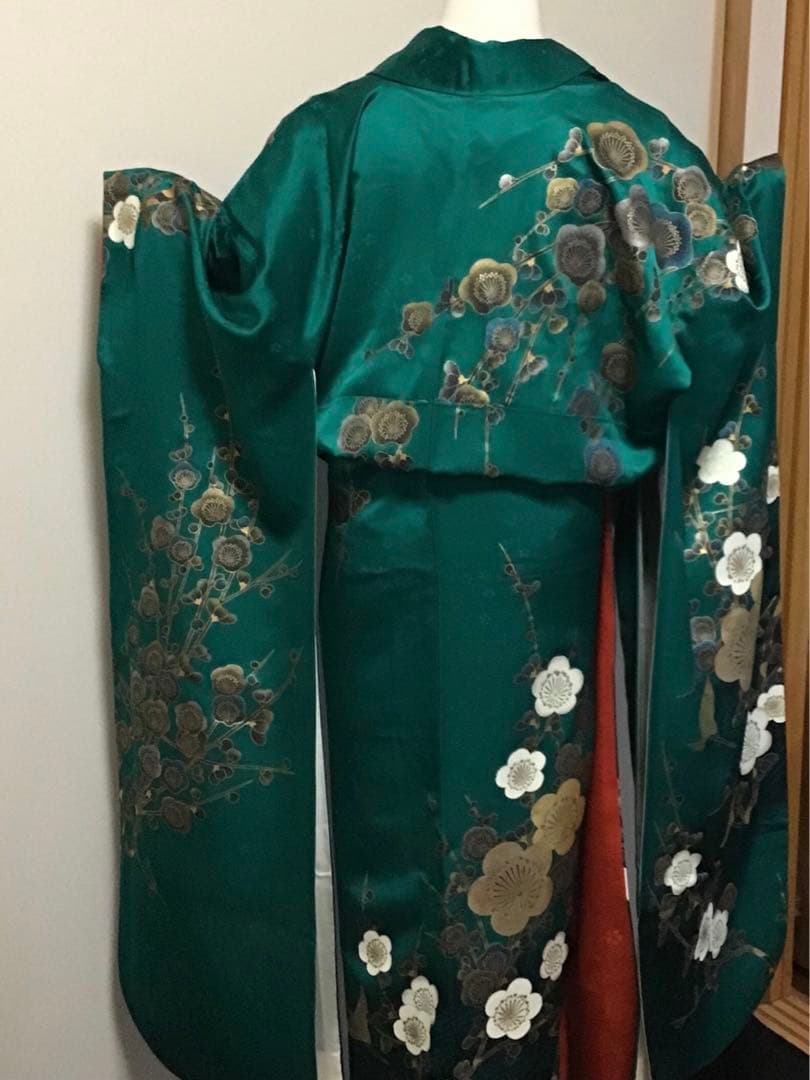 振袖フルセット　豪華　正絹　緑　金銀彩　梅　振袖6点セット　成人式