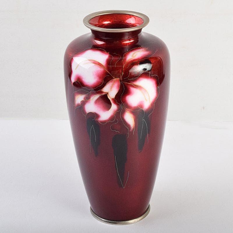 七宝焼　安藤七宝店　赤透釉　カトレア文　花瓶　C　R9409