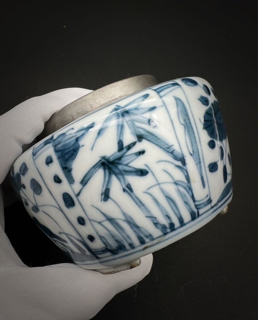 中国美術 古玩 青華染付 花鳥蝶々茶入 茶葉罐　煎茶道具 木箱付き