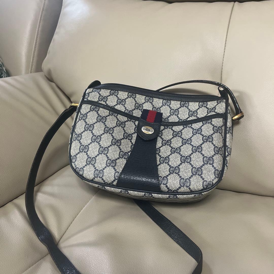 【美品】オールドグッチ シェリーライン GG柄 ショルダーバッグ ネイビー