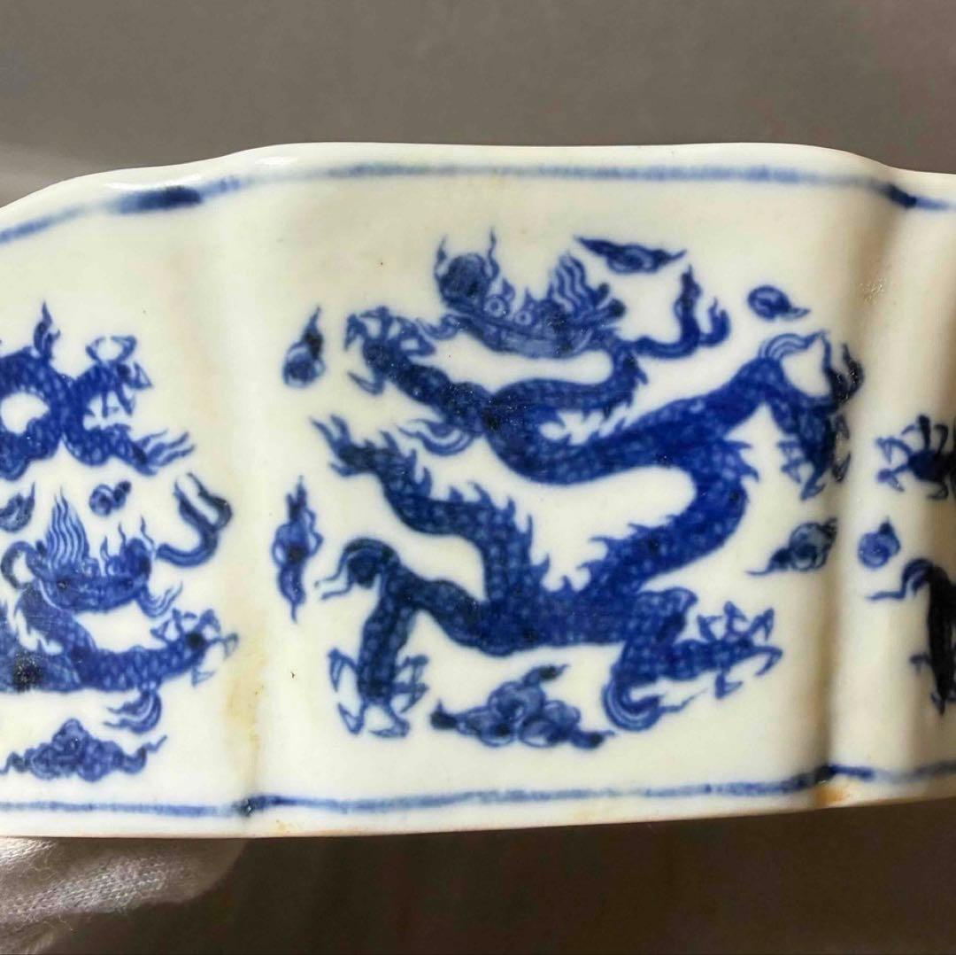 中国 染付龍の絵十菱盤　f2260103