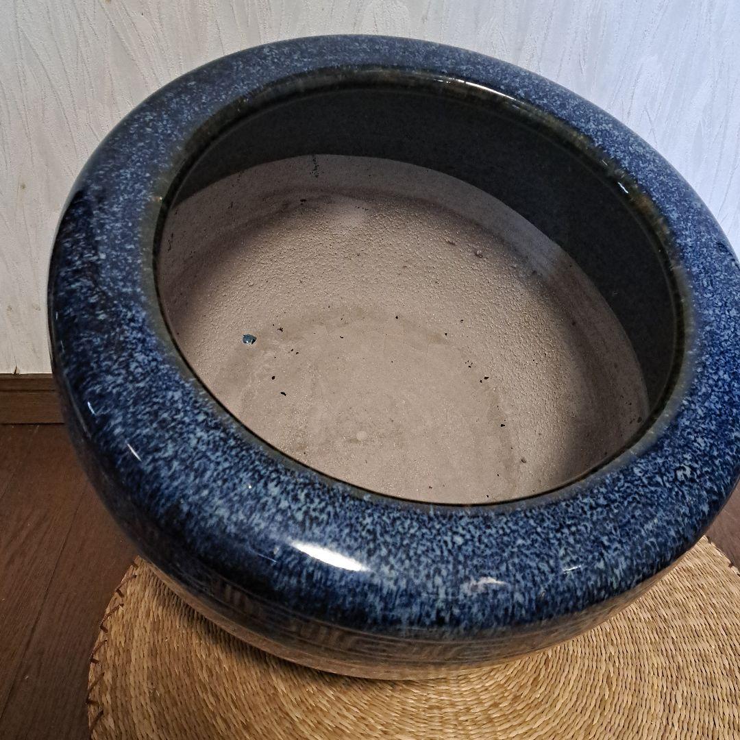 大正～昭和レトロ「信楽焼・青色海鼠(ナマコ)丸火鉢」