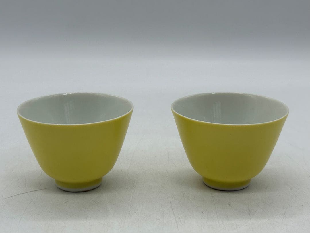 江戸　古清水　黄釉小杯ペア　亀水作　高級茶器　殻手　送料込み250819