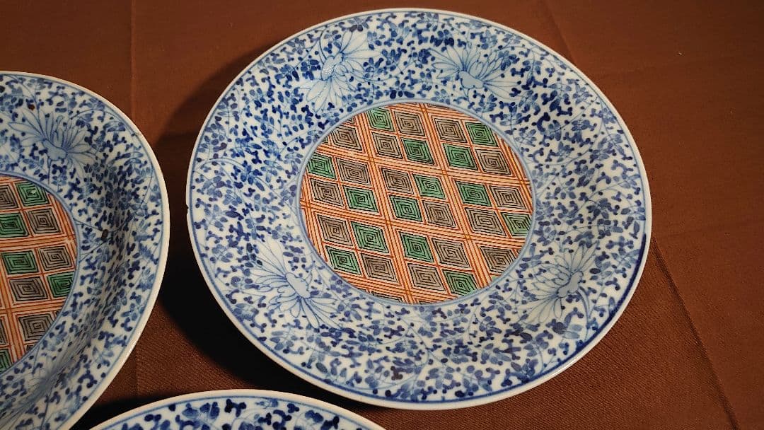 大聖寺伊万里　古伊万里　伊万里　染付　色絵　小紋　唐草文　華唐草　江戸期　３客