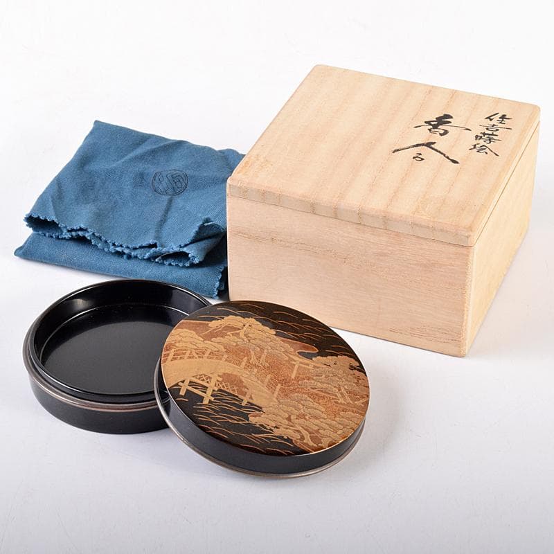 茶道具　塗師　中村宗哲作　住吉蒔絵　香合　共布　即中斎極め箱　D　R7581