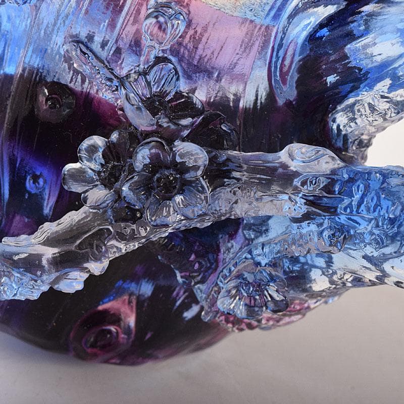 中国　ガラス工芸　琉璃夏氏　花彫刻　急須型　置物　箱・証明書付　C　8201