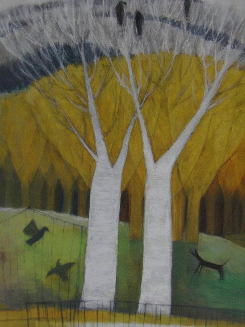 中山雅子、【鳥のいる風景　III】、希少な額装用画集より、新品額装付