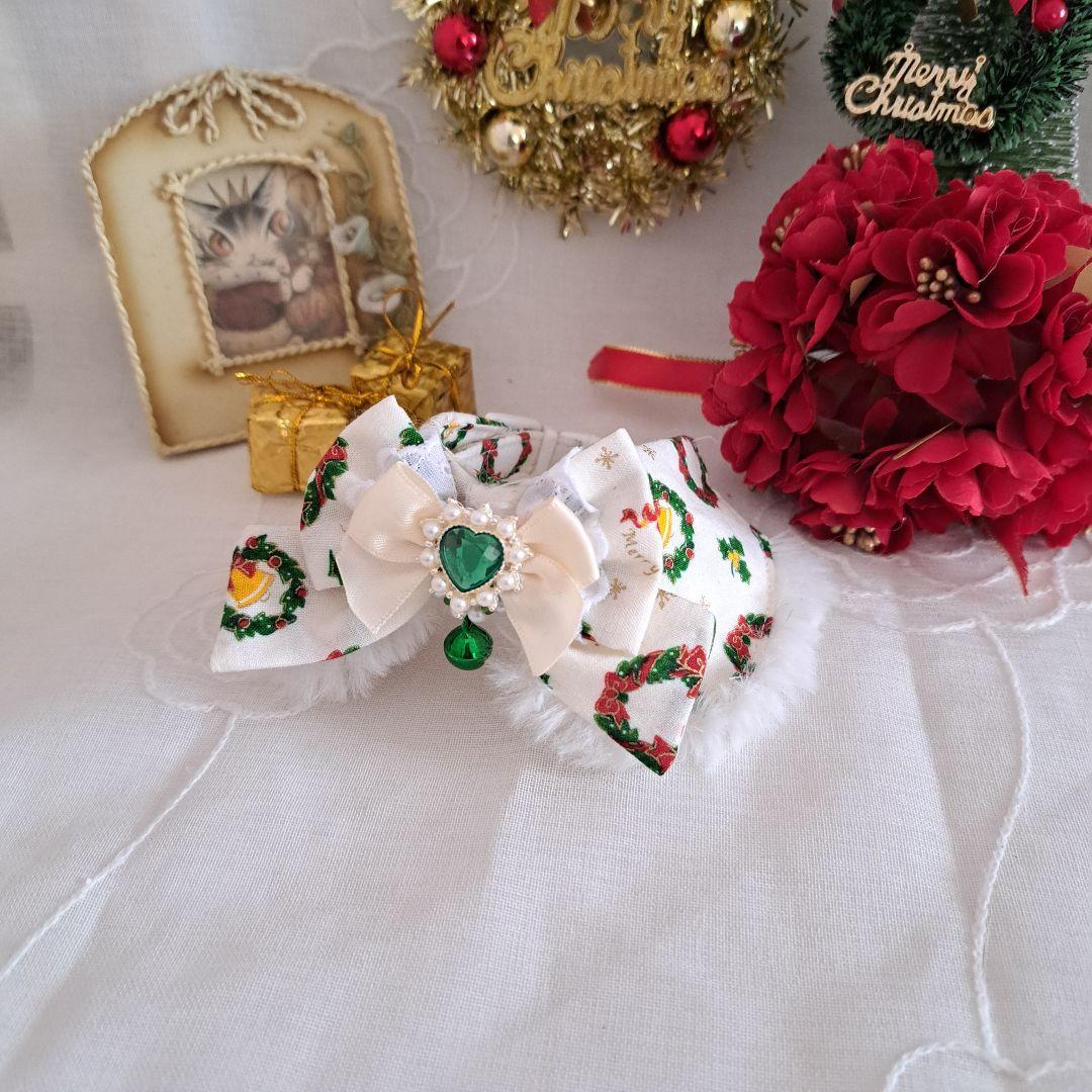 クリスマスシリーズ(白クリスマスリース)わんちゃん猫ちゃん用襟つき首輪