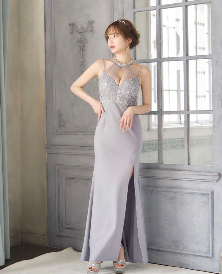 JEWELS シアーアメスリ刺繍ビジューロングドレス Sサイズ キャバドレス