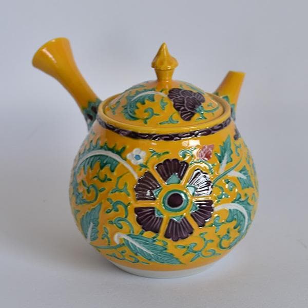 煎茶道 高野昭阿弥作 黄交趾唐草模様　煎茶急須