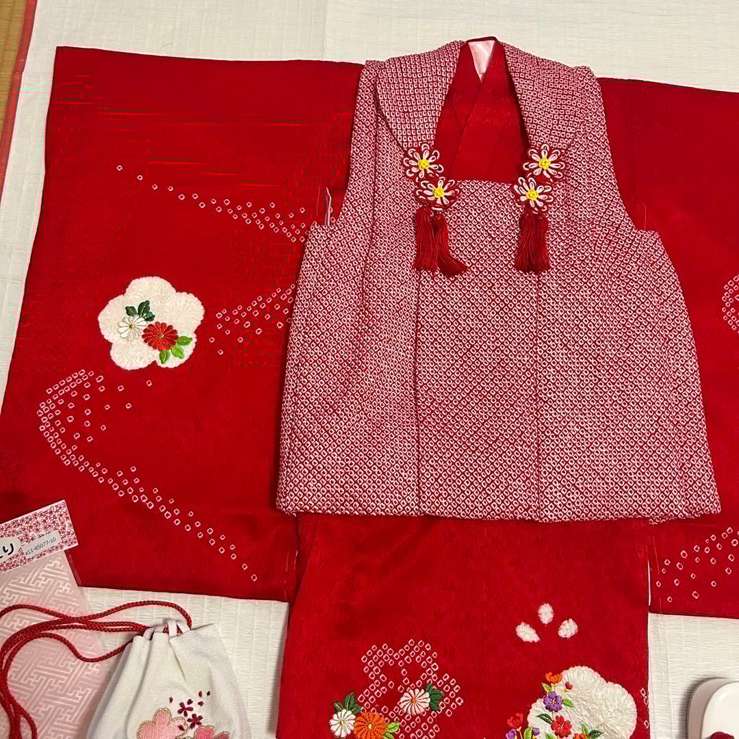 七五三 3歳 フルセット 総絞り 着物 正絹 被布 刺繍 三歳 赤 草履 753