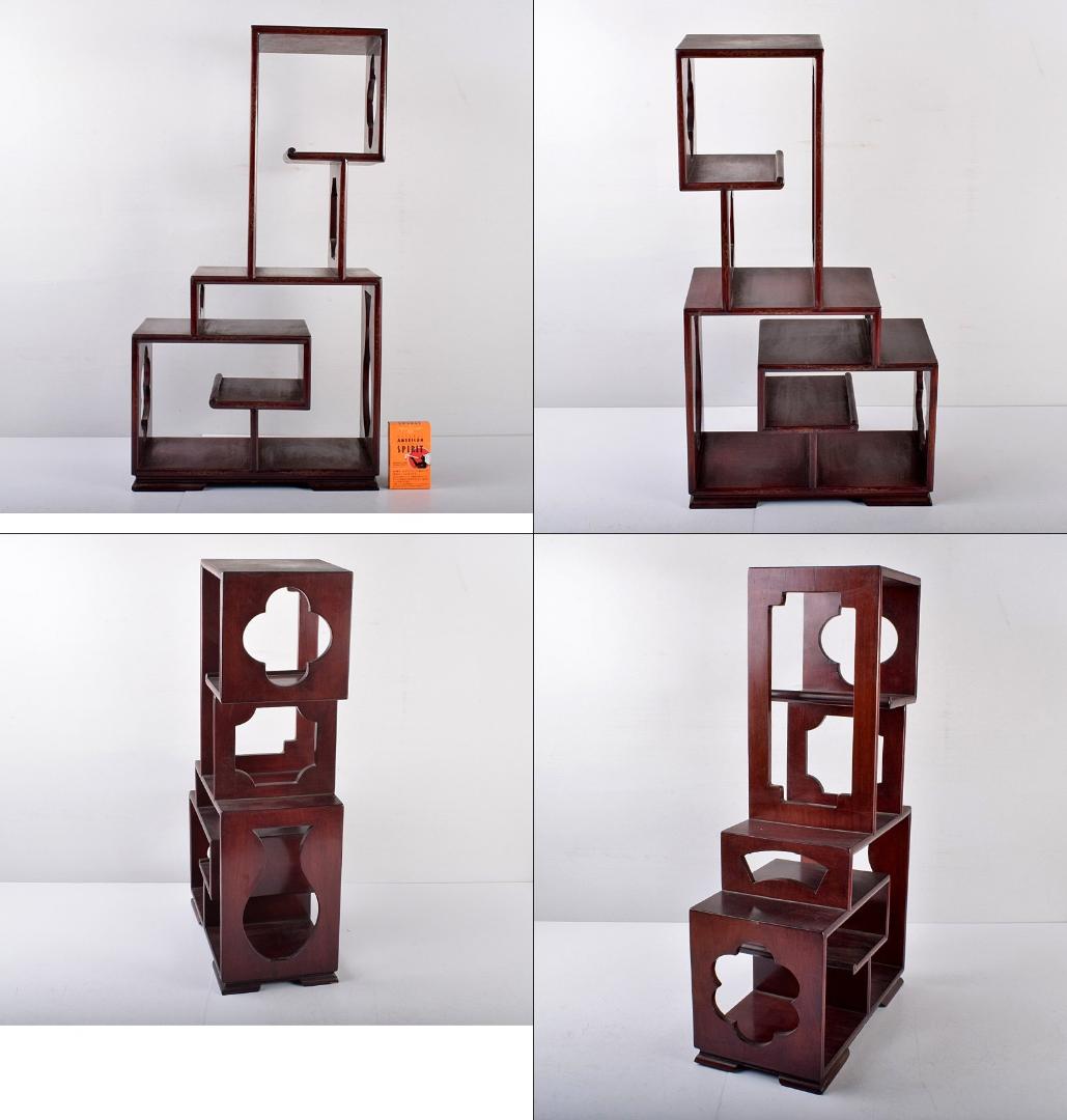 中国　唐木紅木製　銀線象嵌　茶棚　飾り棚　違い棚　D　3745B