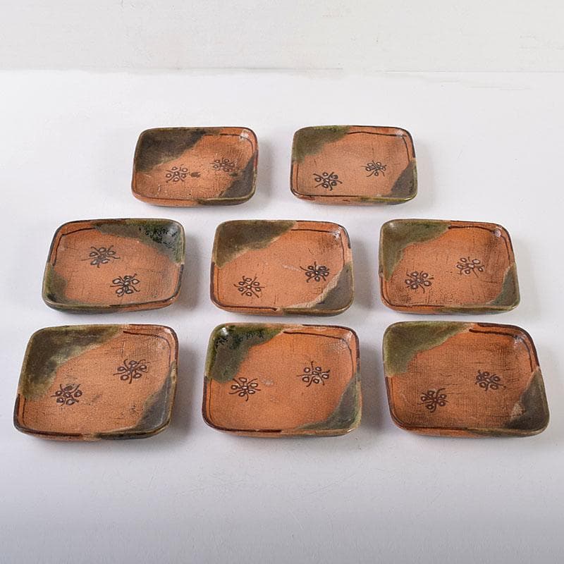和食器　織部焼　四方　銘々皿　8客　在銘　C　7042