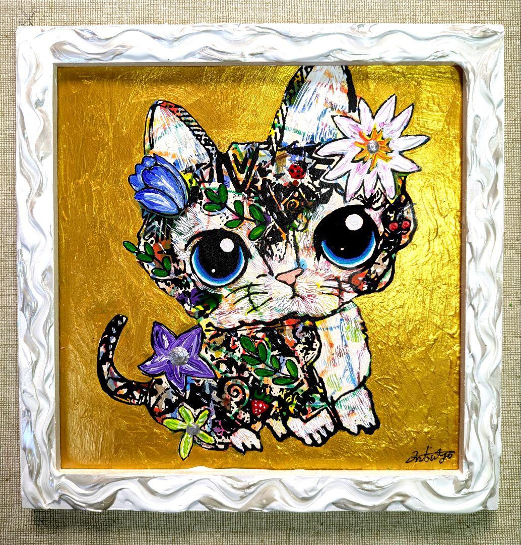 手作り額付作品 「百花繚乱ニャンコ」