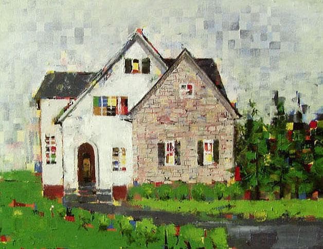 油絵 菅家令子 絵画インテリア 額付(青緑＋金色の枠) uF6-062303風景