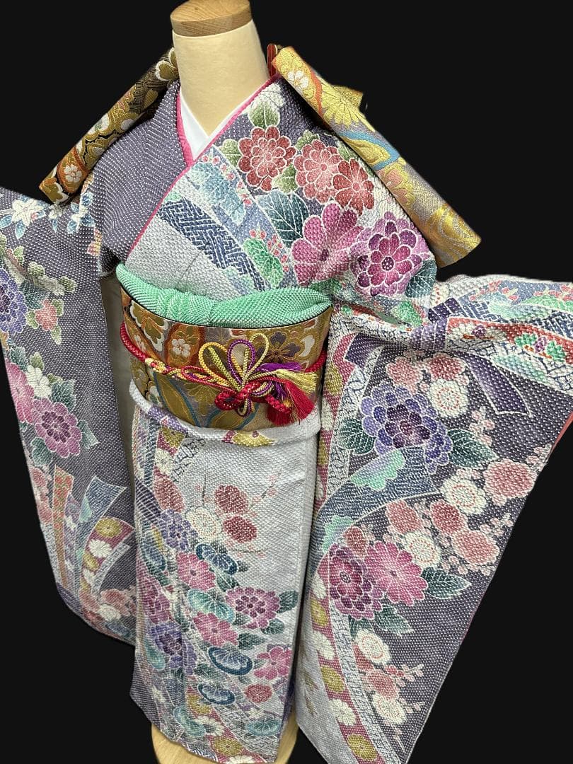 藤娘きぬたや 総絞り 薄紫系 熨斗柄 小紋バック振袖 フルセット 落款あり