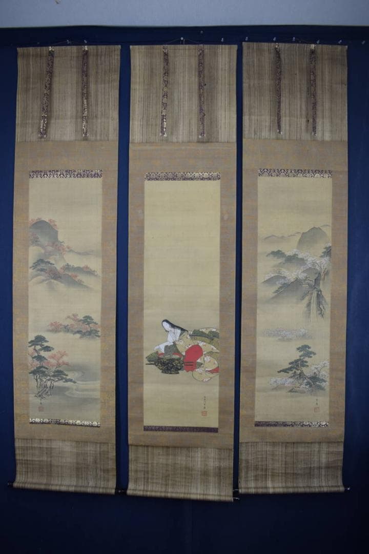 【真作】長谷川雪嶺/小野小町春秋山水図/三幅対/掛軸☆宝船☆Y-204　JM