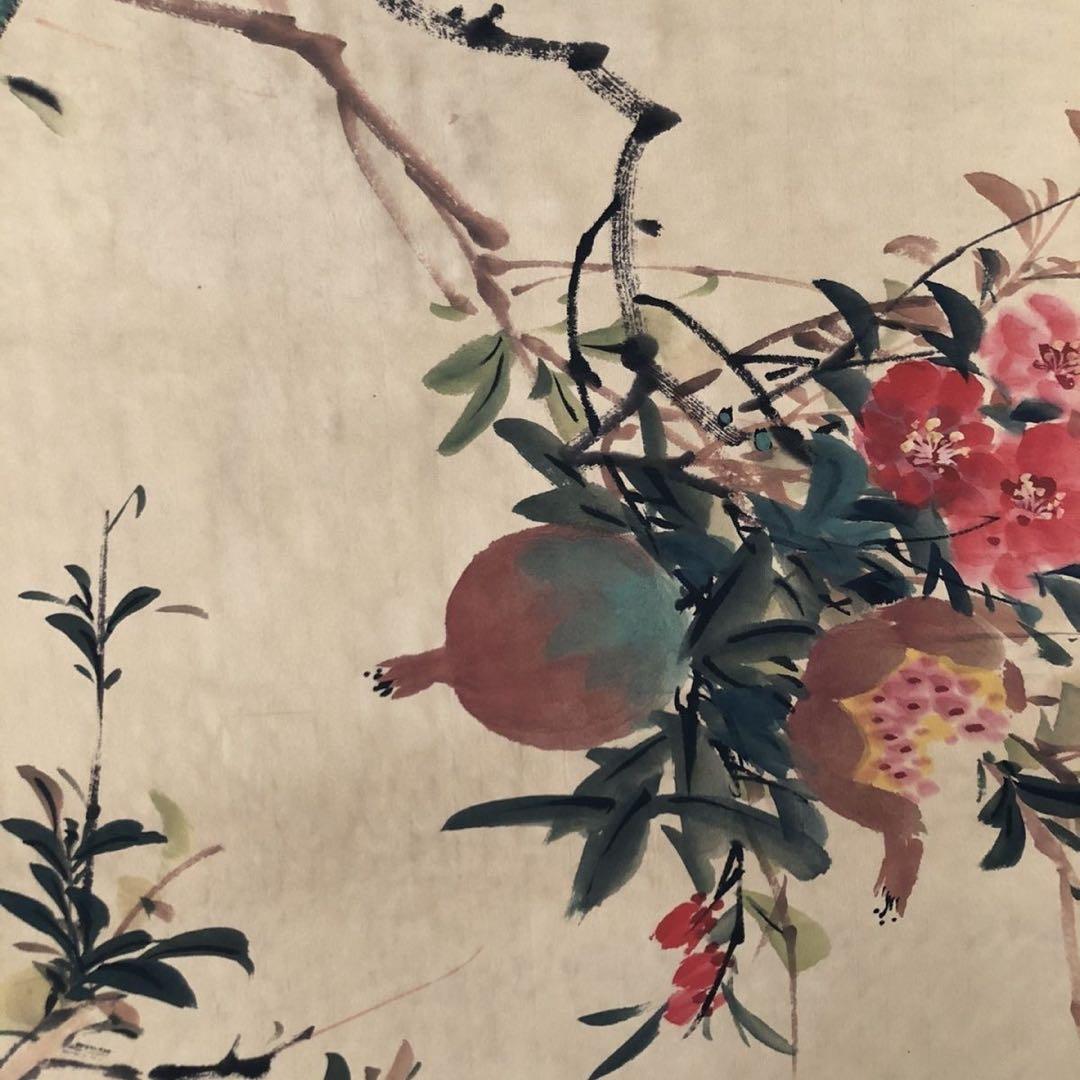 【掛軸】花鳥図「連蒂双栖」 颜伯龙風 三尺中堂／紙本表装済み 174×77cm