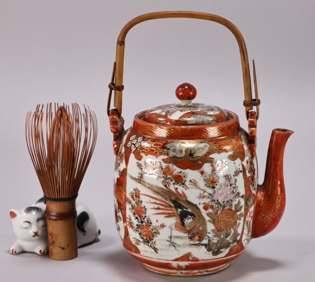 明治期　九谷造　赤絵　花鳥唐子図　注水　急須　重さ347ｇ　茶道具　煎茶道具