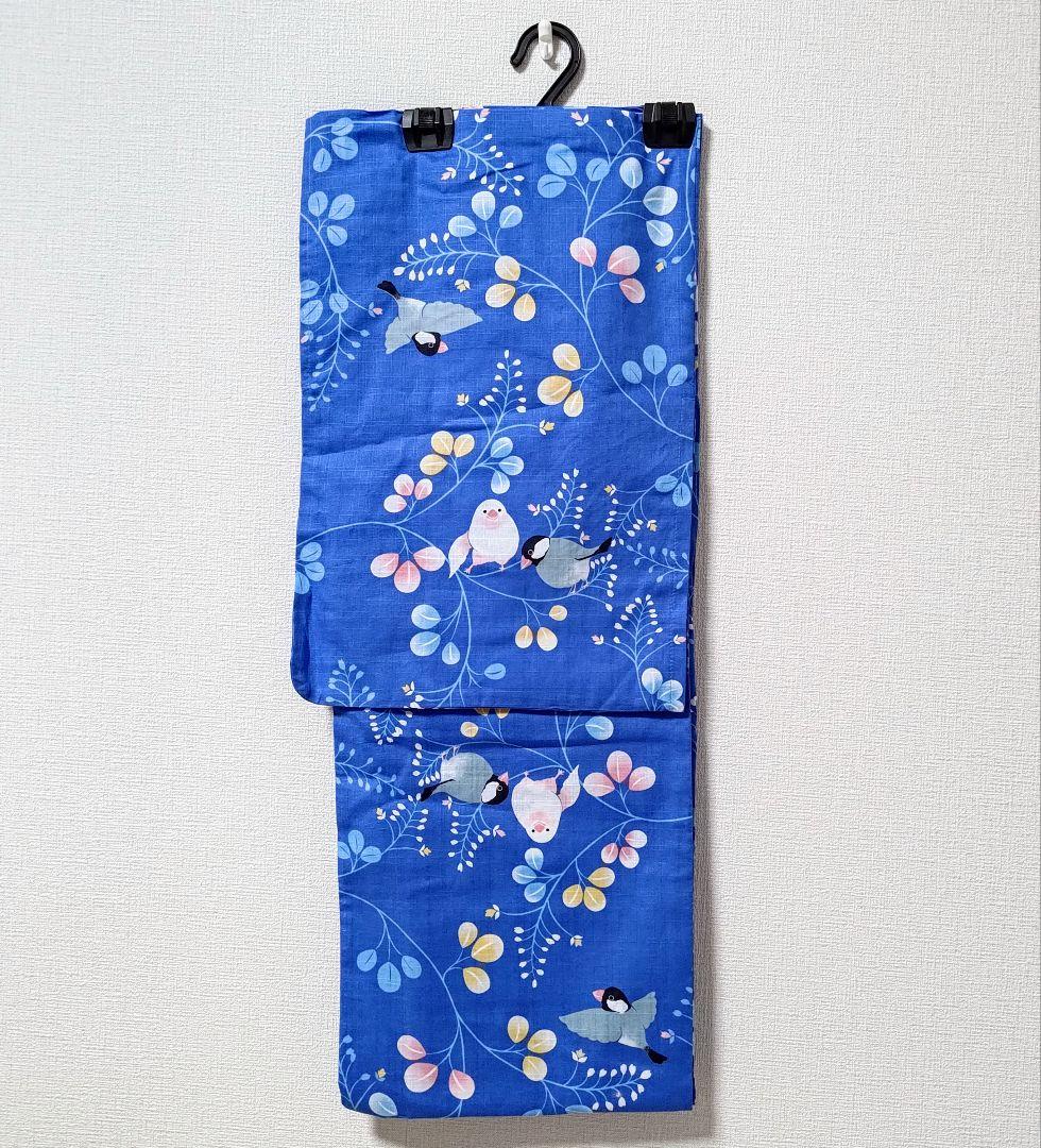 レア小鳥柄浴衣ブルー草花柄コトリカフェ監修ゆかた着物青色黒黄白水色文鳥柄ことり柄