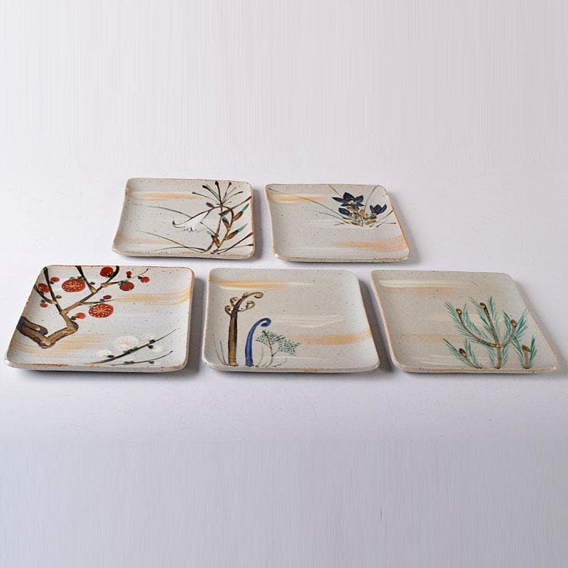 和食器　美濃焼　加藤幸兵衛陶窯　色絵　絵変銘々皿　5客　共箱　N　7598