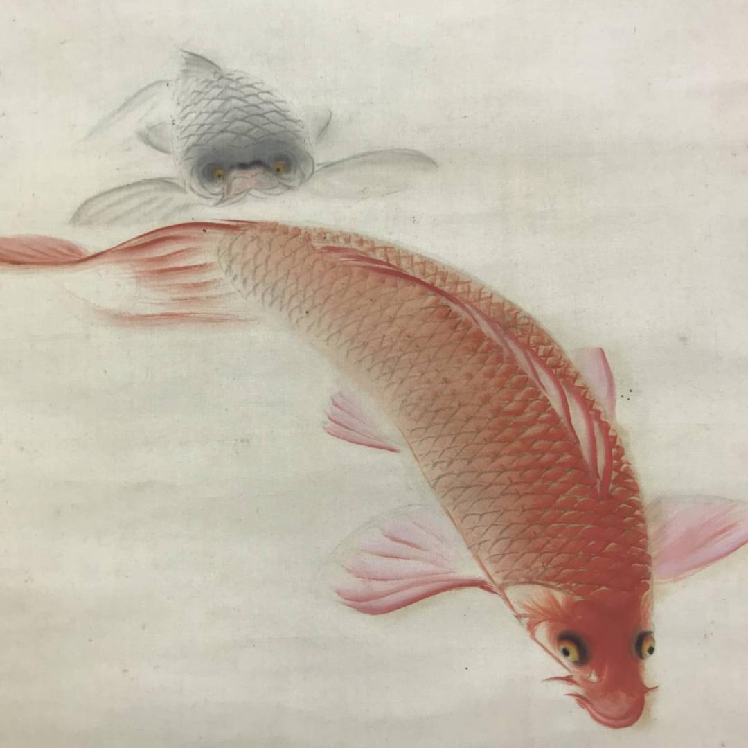 真作/上田陽愷/游鯉漆画/遊鯉図/鯉図/花鳥図/掛軸/名家伝来AE-385