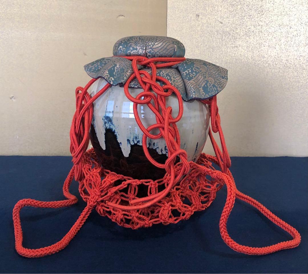 《R》茶道具 四つ耳 飾壷 飾り紐 網紐 口覆 在銘 共箱　250723E6