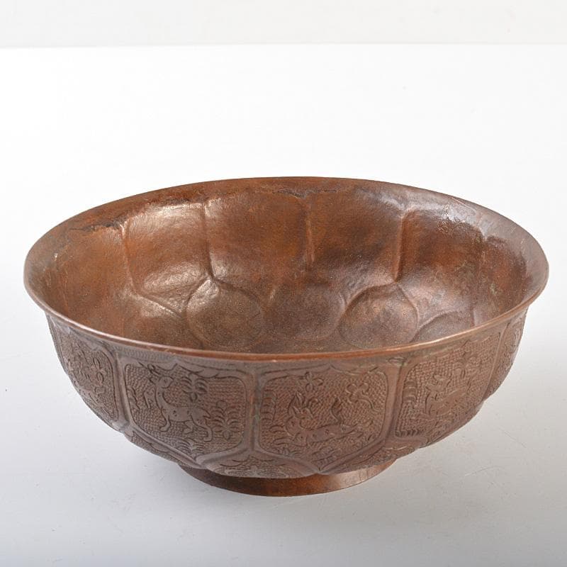 中国　古銅唐銅　鎚出　神獣文碗　C　7343E