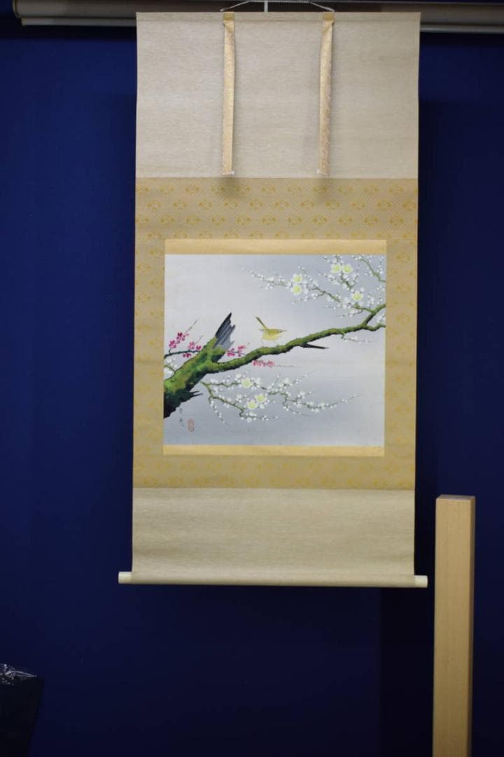 真作/矢島清風/梅花に鴬図/布袋屋掛軸HH-954