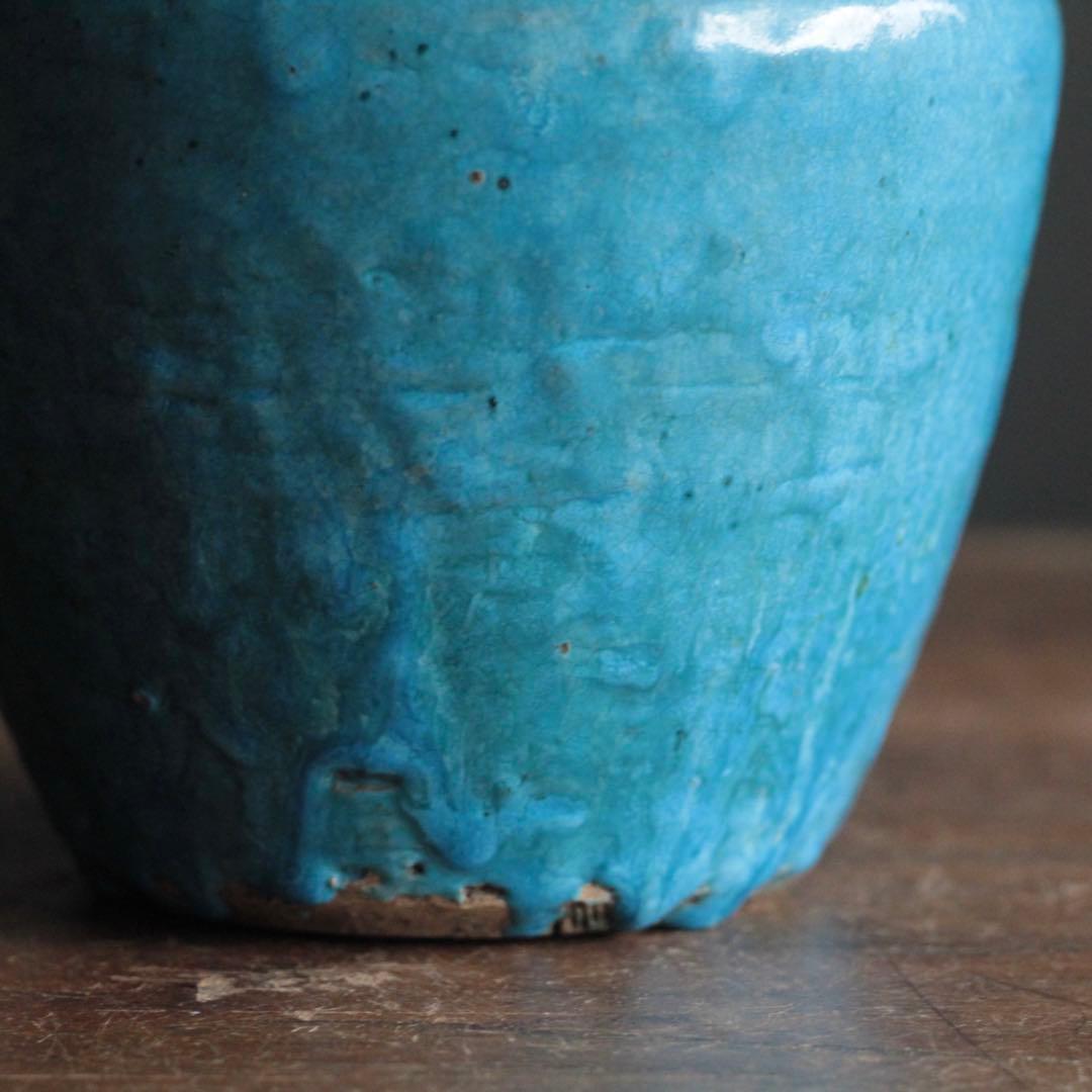 鮮やかな ターコイズブルー 壺 古道具 アンティーク 花器