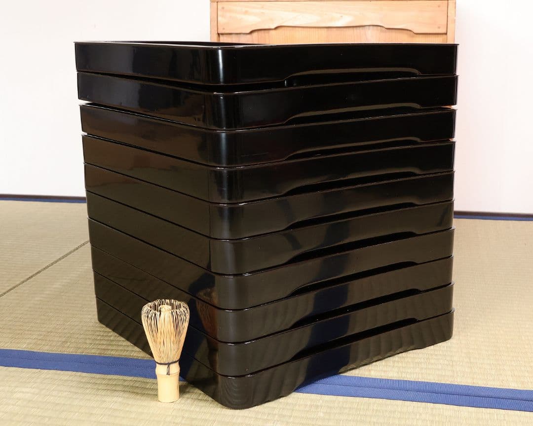 大正 本堅地 黒艶消 風鎮松竹梅 沈金 会席膳 十客 木製漆器【CM182】