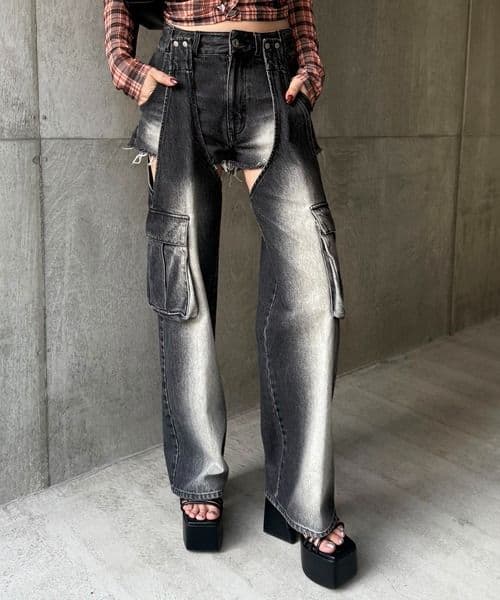 スパイラルガール 2WAYカーゴオーバーダイデニム ブラックデニム