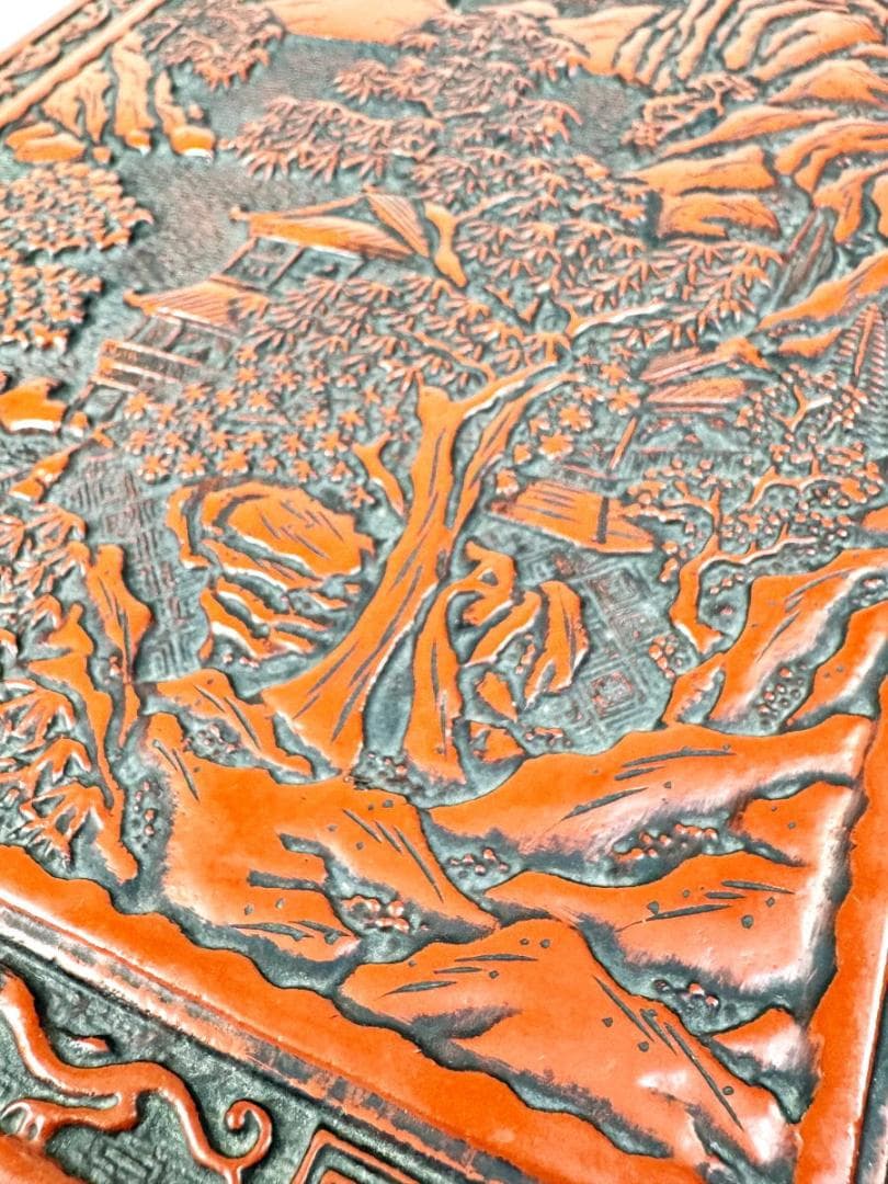 剔紅 堆朱 木製山水楼閣人物図文箱 漆器 時代物 唐物 骨董 中国WWWT051