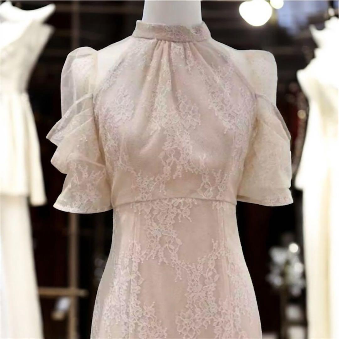 パーティードレス レースワンピ 結婚式 食事 ピンクベージュ L