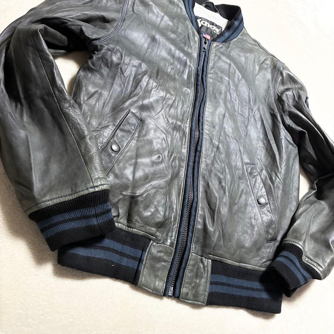 【状態良好】SCHOTT☆レザージャケット☆羊革☆グレー☆M☆ワッペン☆