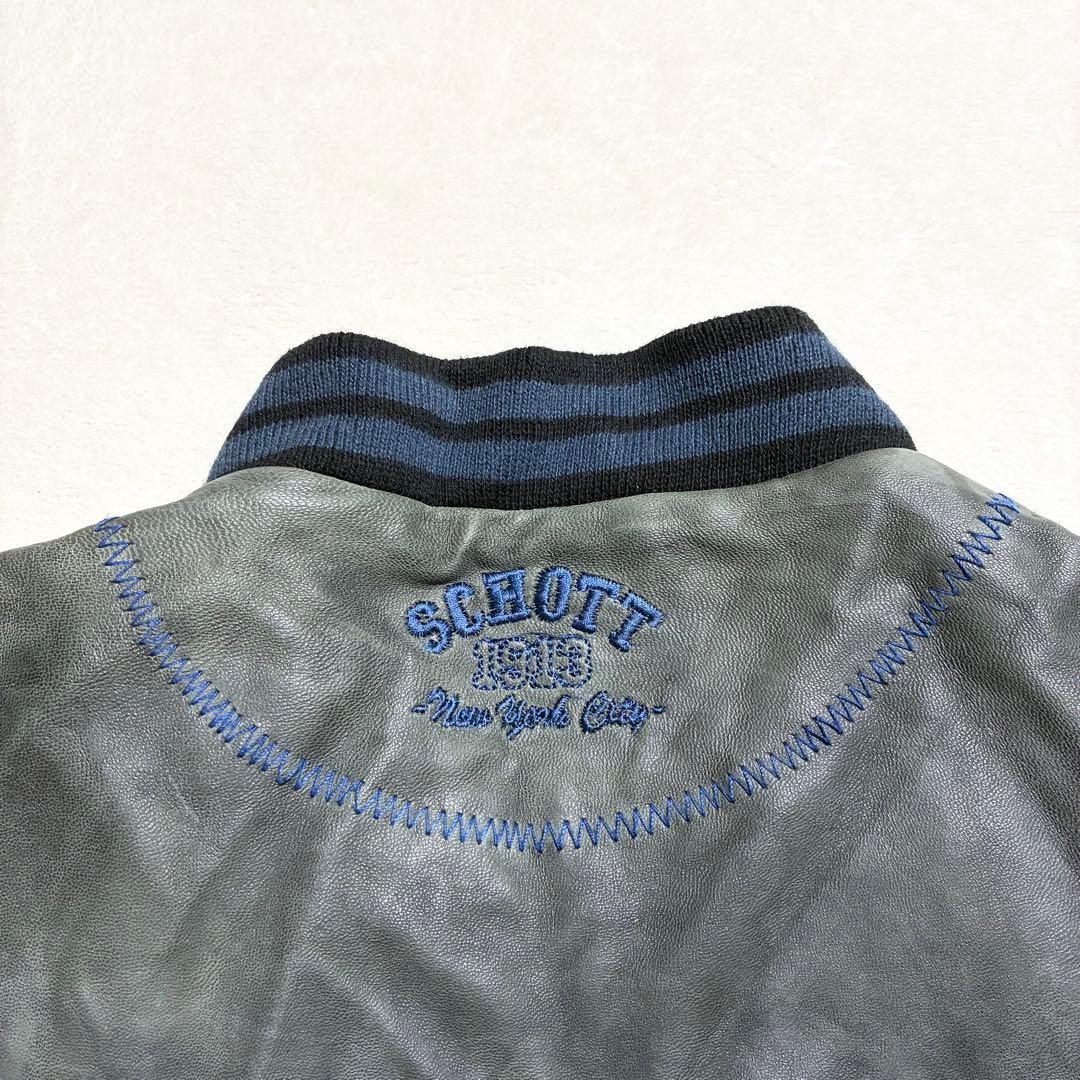 【状態良好】SCHOTT☆レザージャケット☆羊革☆グレー☆M☆ワッペン☆