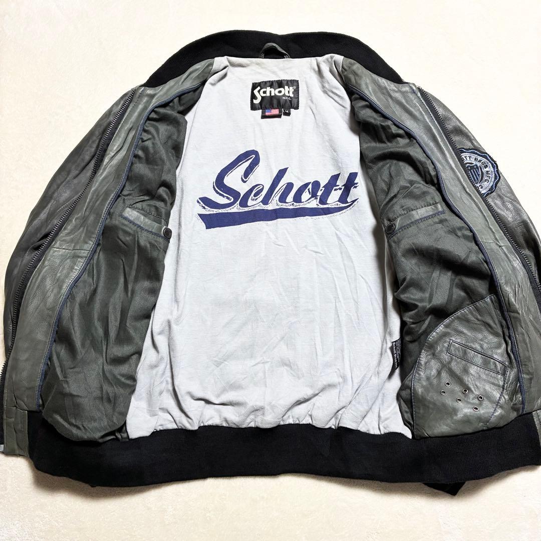 【状態良好】SCHOTT☆レザージャケット☆羊革☆グレー☆M☆ワッペン☆